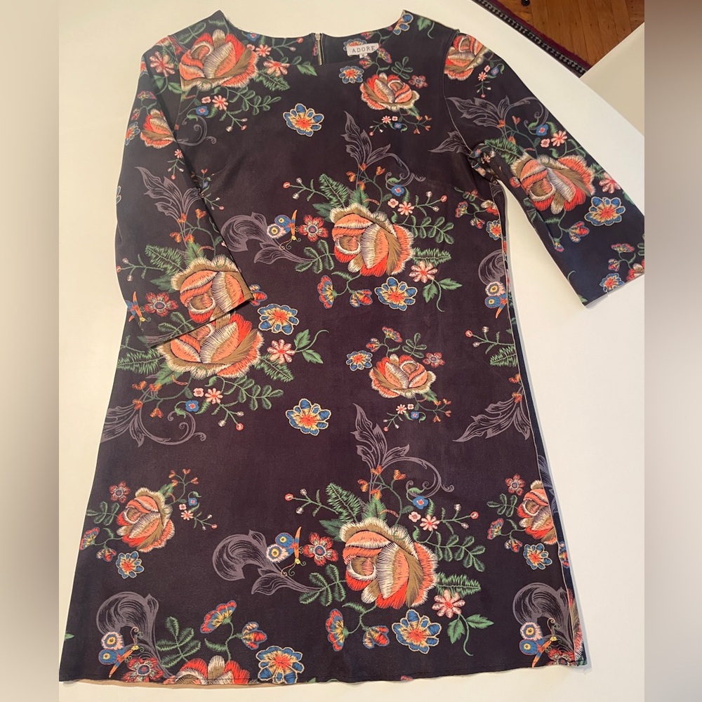 Navy Blue 3/4 Sleeve Flowered Dress Size XL